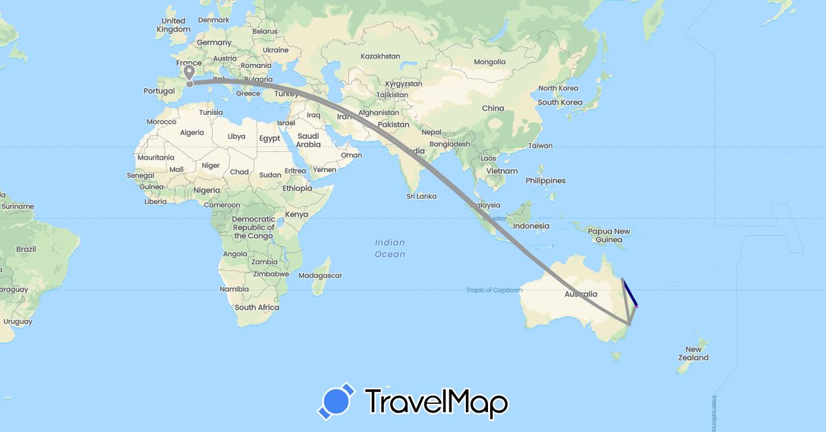 TravelMap itinerary: driving, plane, train in Australia, Spain (Europe, Oceania)
